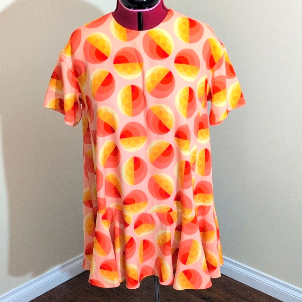 Simons Icône|  Red and Yellow Patterned Short Sleeve Crew Neck Midi Dress